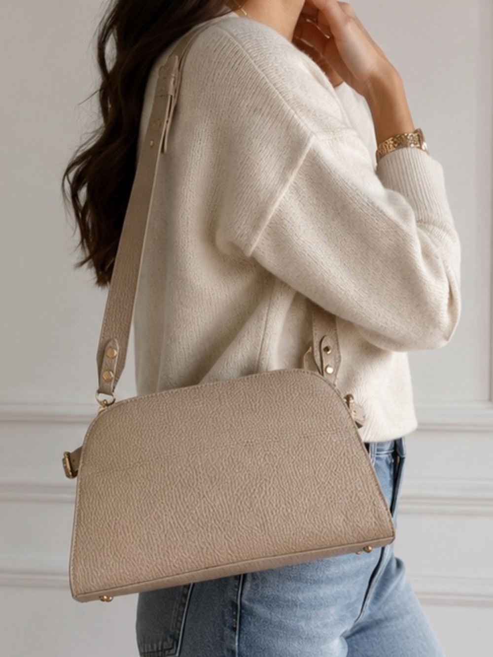 Annapaola Genuine Leather Italy Beige Pebbled Satchel Shoulder Bag NWOT